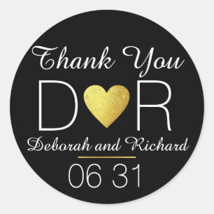 thank you . faux gold heart .  wedding favour blac classic round sticker