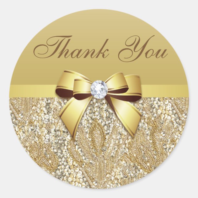 Thank You Faux Gold Sequins Bow Diamond Classic Round Sticker (Front)