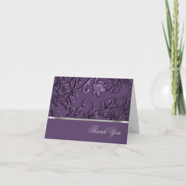 Thank You Faux Metallic Embossed Damask in Plum (Front)