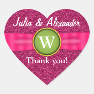 Thank You Faux Ribbon Jewel Pink Glitter Heart Sticker