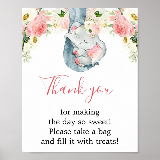 Thank you favors elephant girl baby shower sign (Front)