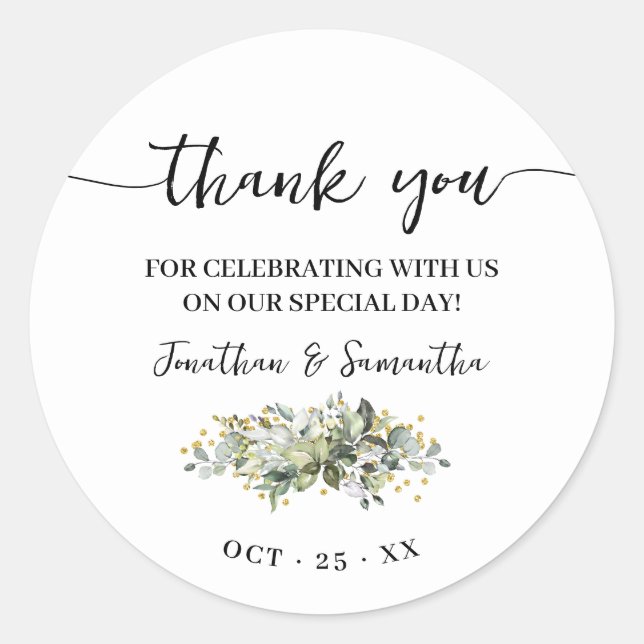 Thank you Favour Eucalyptus Gold Glitter Wedding Classic Round Sticker (Front)