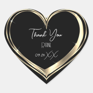 Thank You Favour Gold Heart Bridal Wedding Black Sticker