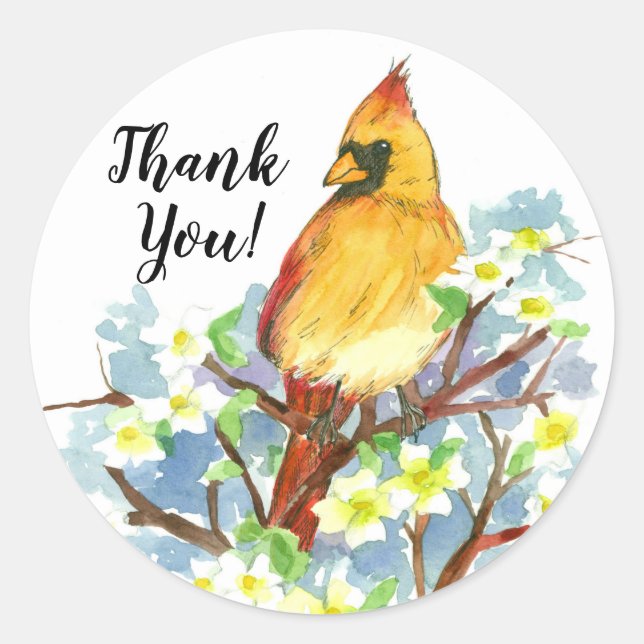 Thank You Female Cardinal Bird Dogwood Classic Round Sticker (Front)