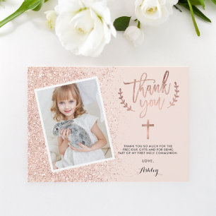 thank you first Rose gold glitter communion photo Card