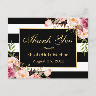 Thank You - Floral Black White Stripes Gold Frame Postcard