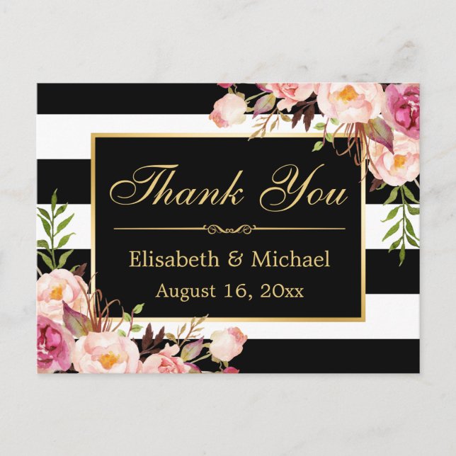 Thank You - Floral Black White Stripes Gold Frame Postcard (Front)