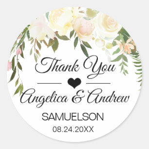 Thank you Floral Blush Pink Ivory Wedding Classic Round Sticker
