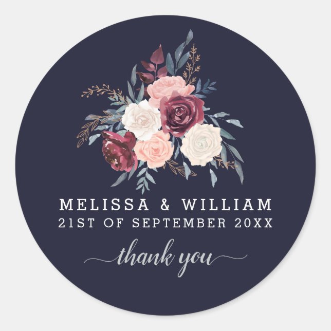 Thank you Floral Burgundy Wedding Navy Classic Round Sticker (Front)