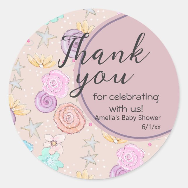 Thank You Floral Lilac Blue Baby Shower Favour Classic Round Sticker (Front)