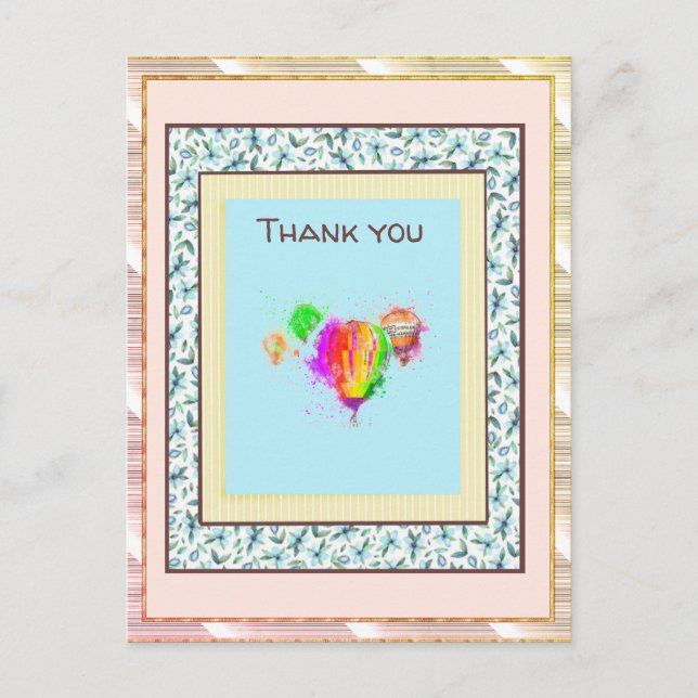 Thank You  Floral Pink Balloon Gold Spark Postcard (Front)
