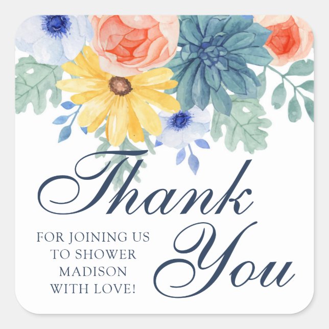 Thank You Floral Succulent Macaron Bridal Shower Square Sticker (Front)