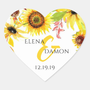 Thank You Floral Sunflowers Rustic Wedding Favour Heart Sticker