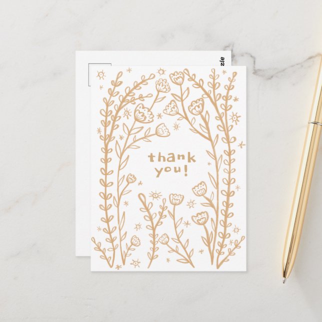THANK YOU Floral Whimsical Sketch Doodle  Postcard (Front/Back In Situ)