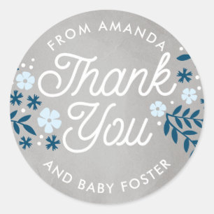 Thank You Folky Floral Blue Baby Shower Favour Classic Round Sticker