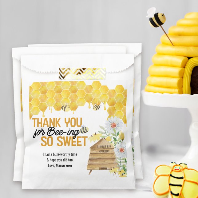 Thank You for Bee-ing so Sweet Beehive Honeycomb Favour Bag (Thank you for Bee-ing so Sweet, bee theme birthday party favor bags. What will you name the beehive?)