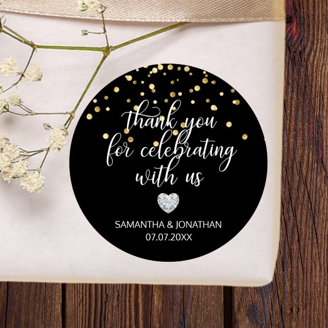 THANK YOU for Celebrating BLACK Gold Wedding Classic Round Sticker (THANK YOU for Celebrating BLACK Gold Wedding Classic Round Sticker)
