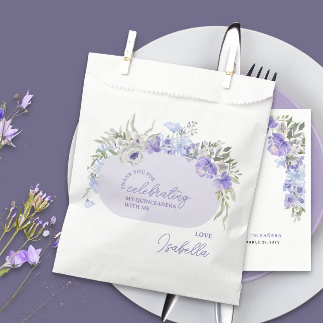 Thank You for Celebrating Purple Peri Floral Favour Bag (Thank you for celebrating, personalized favor bags with purple floral design)