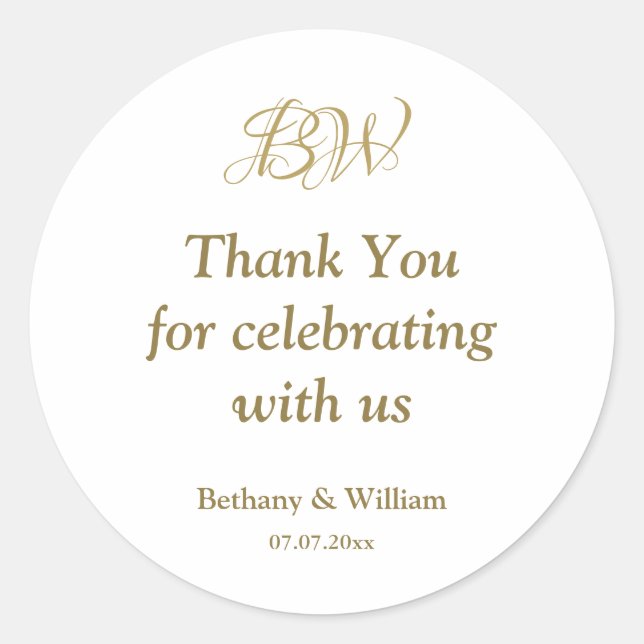 Thank You for celebrating with us Gold Monogram Classic Round Sticker (Front)
