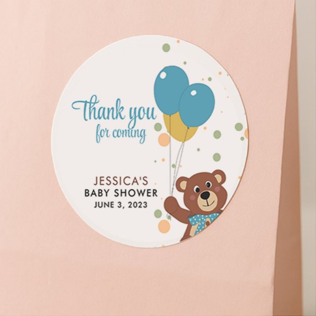 Thank You for Coming Bear Cub Baby Boy Blue Shower Classic Round Sticker (Creator Uploaded)