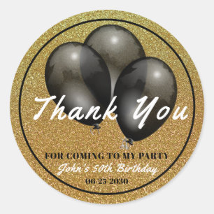 Thank You for Coming Birthday black balloons gold Classic Round Sticker