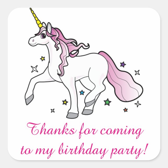 Thank You for Coming Birthday Party with Unicorn Square Sticker (Front)