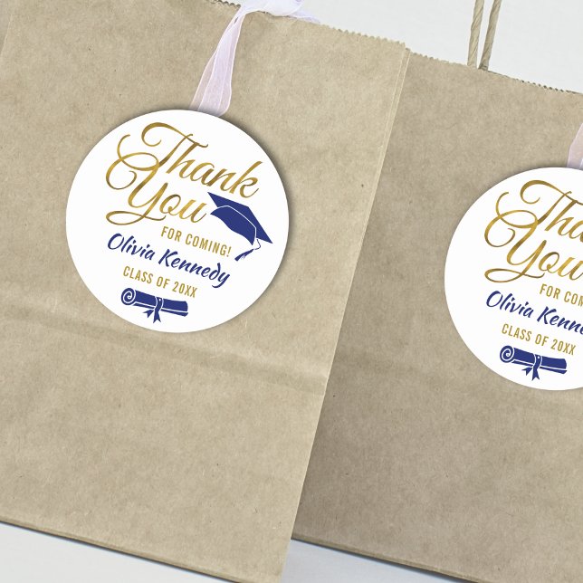 Thank You For Coming Gold & Blue Graduation Party Classic Round Sticker (Creator Uploaded)