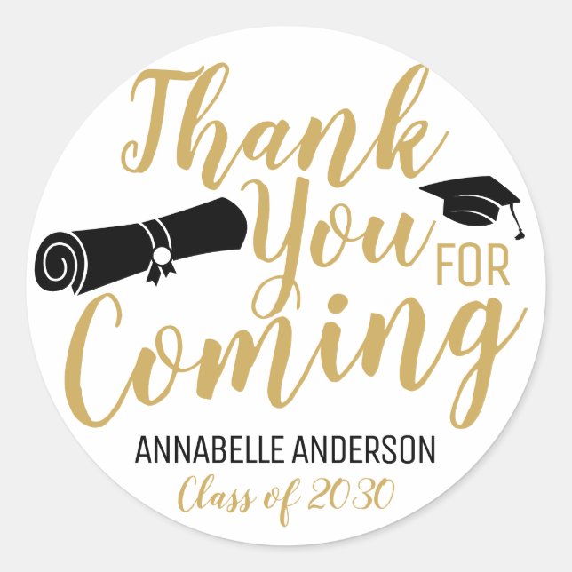 Thank You For Coming Gold Graduation Party Favour Classic Round Sticker (Front)