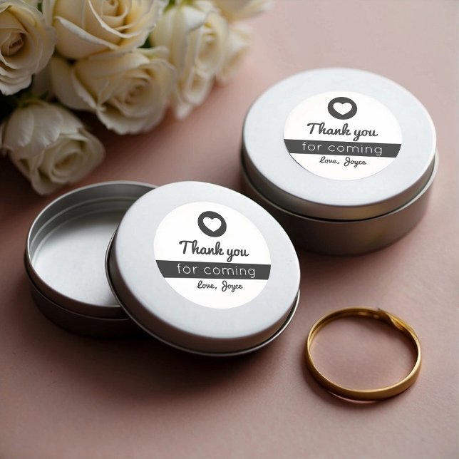 Thank You for Coming Heart Modern Black White Classic Round Sticker (Thank You Stickers on Favor Tins)