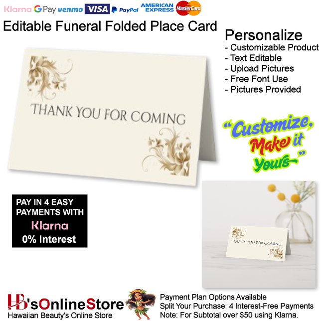 Thank You for Coming Memorial Funeral Folded Place Card (Thank You for Coming Memorial Funeral Folded Place Card.)