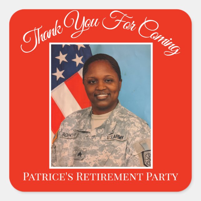Thank You For Coming Patrice's Retirement Red Square Sticker (Front)