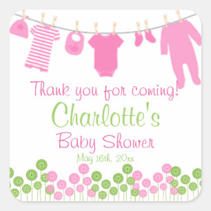 Thank You For Coming! Pink Clothesline Baby Shower Square Sticker
