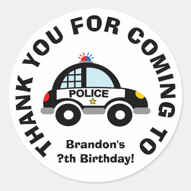 Thank you for coming police Birthday party favour Classic Round Sticker (Front)
