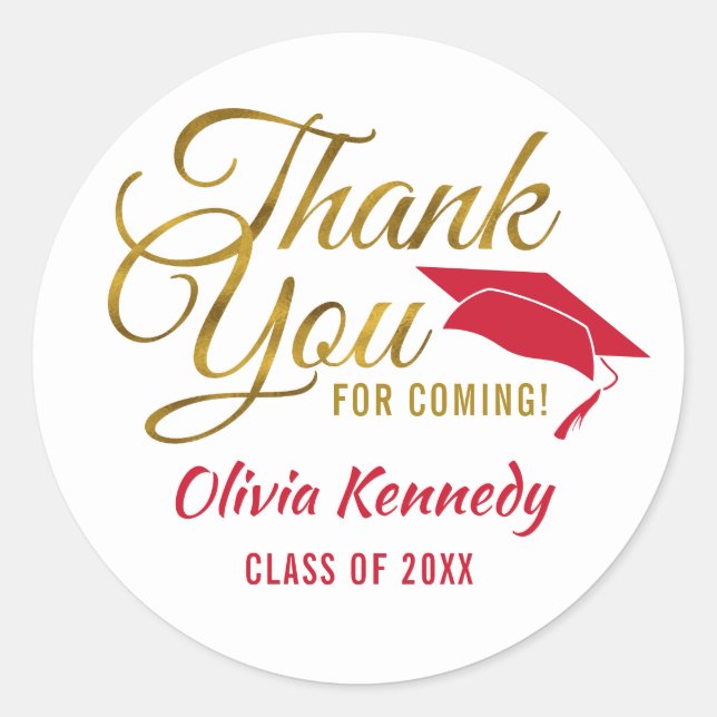 Thank You For Coming  Red And Gold Grad Party Classic Round Sticker (Front)