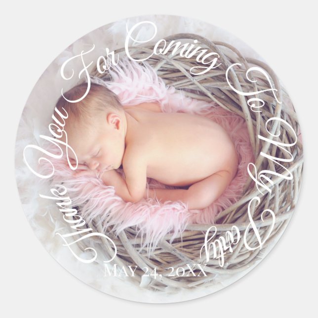 Thank You For Coming To My Party Photo Baby Script Classic Round Sticker (Front)