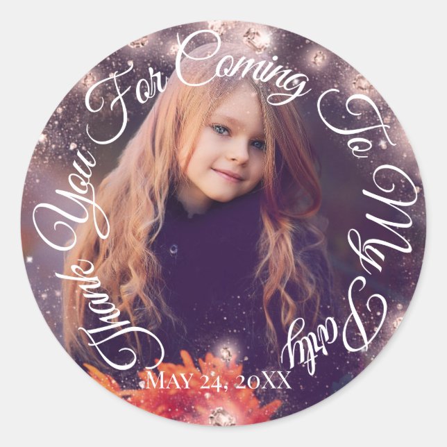 Thank You For Coming To My Party Photo Glitter Classic Round Sticker (Front)