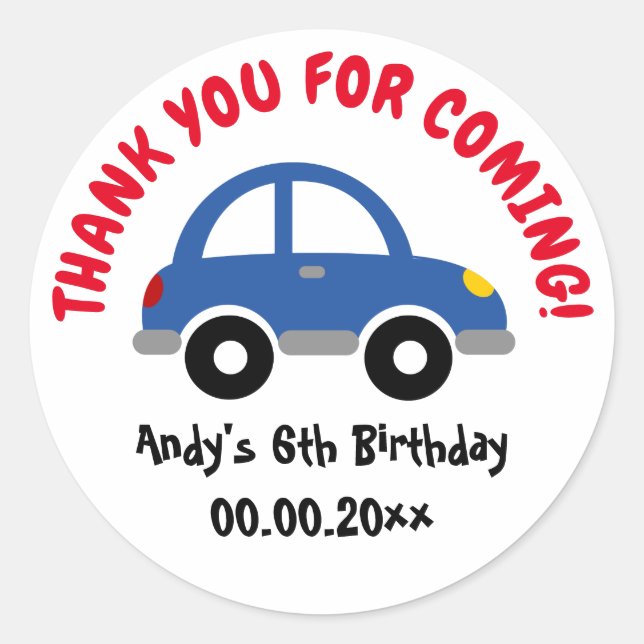 Thank you for coming toy car boy's Birthday party Classic Round Sticker (Front)