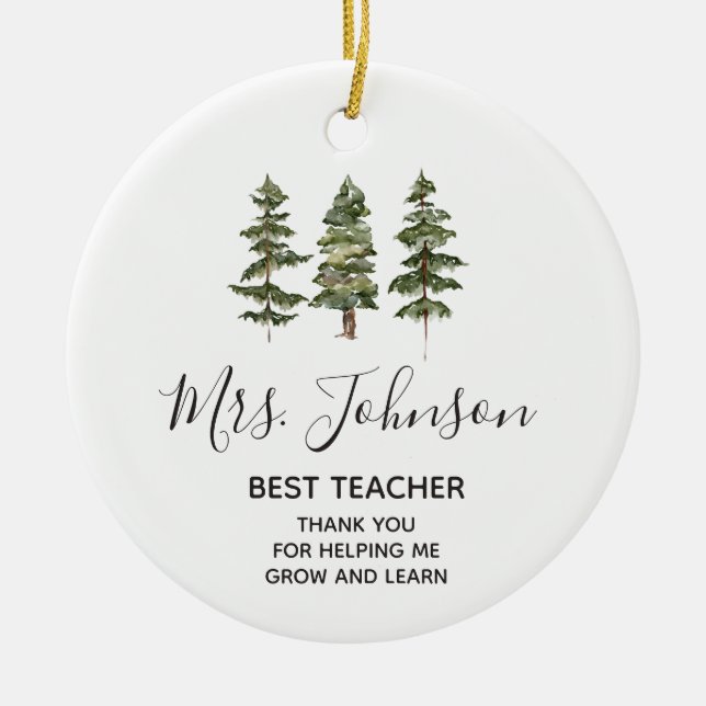 Thank You for Helping Me Grow Teacher Pine Tree Ceramic Ornament (Front)