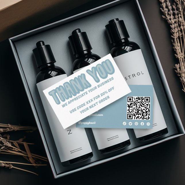 Thank You for Order Social Icons QR Code BLUE Business Card (Hand lettered thank you notes with discount code, custom QR code, social media icons)