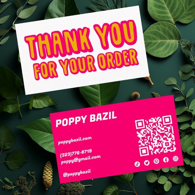 Thank You for Order Social Icons QR Code Hot Pink  Business Card (Colorful bold thank you for your order card. Edit the social media icons and QR code.)