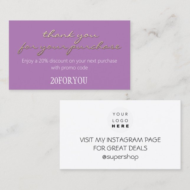 Thank You FOR PURCHASE Discount Code Purple Gold Business Card (Front/Back)
