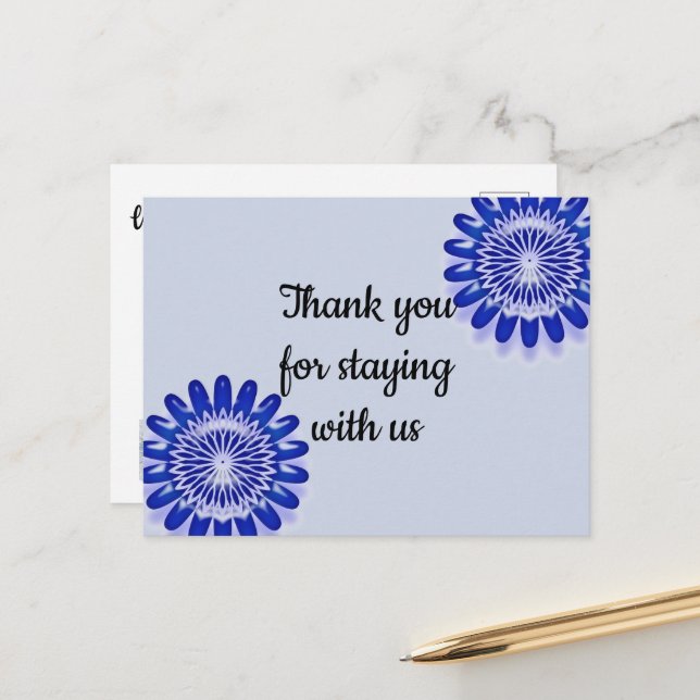 Thank You for Staying Vacation Rental Blue Flower Postcard (Front/Back In Situ)
