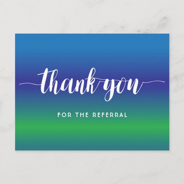 Thank you for the referral on blue green postcard (Front)