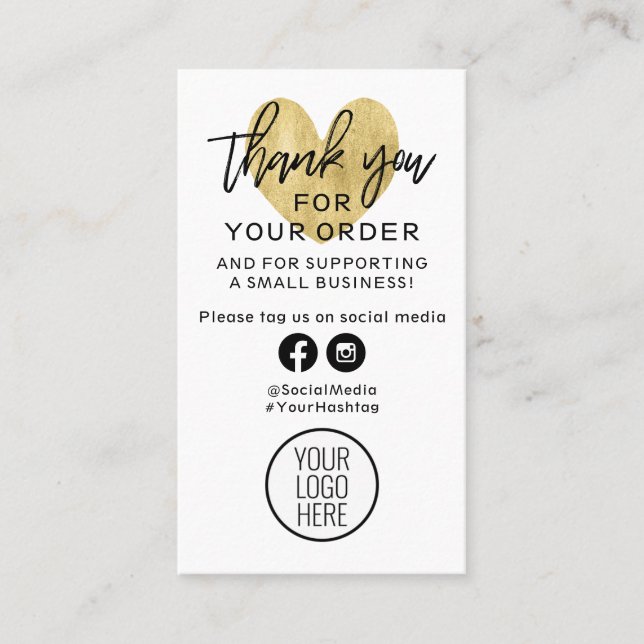 Thank You For Your Order Black and Gold Heart Business Card (Front)