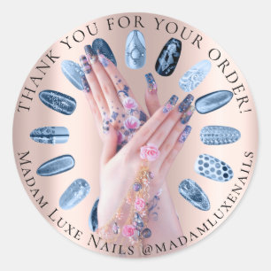 Thank You For Your Order Hands Flowers Blue Nails Classic Round Sticker