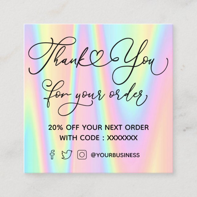  thank you for your order pastel colour square business card (Front)
