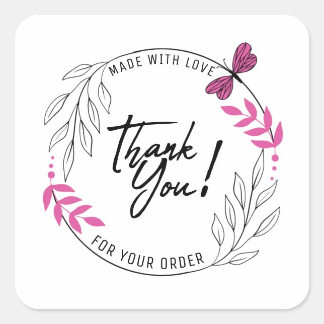 Thank you for your order with pink butterfly square sticker (Front)
