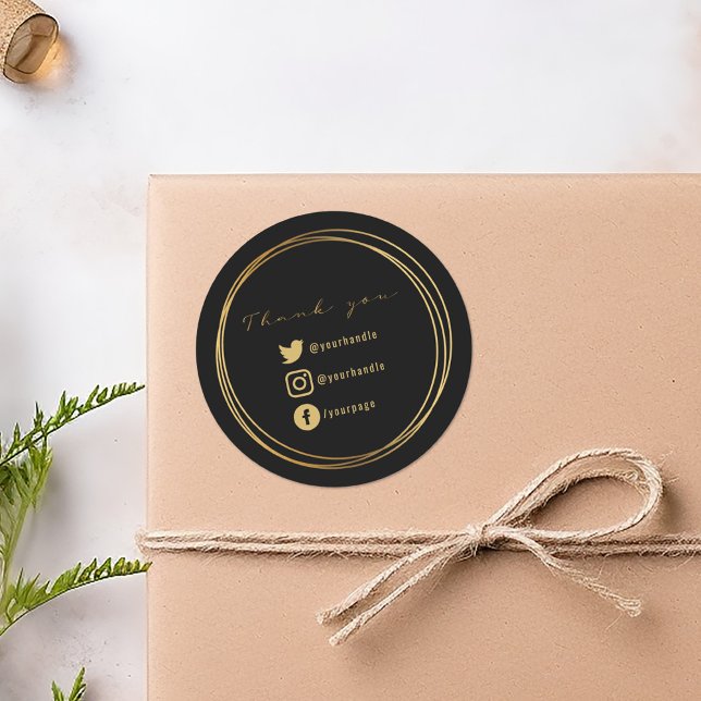 Thank you for your purchase, black and gold classic round sticker (Black round sticker with gold script, double circle frame, and social media icons.)