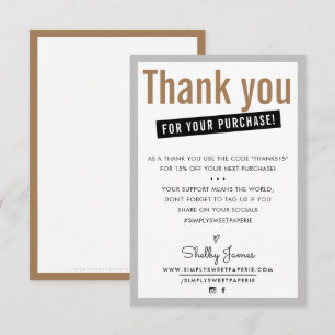 THANK YOU FOR YOUR PURCHASE customer insert brown Card
