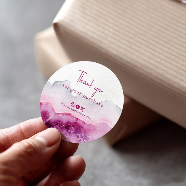 Thank you for your purchase deep pink agate social classic round sticker (Pink agate thank you social media sticker)
